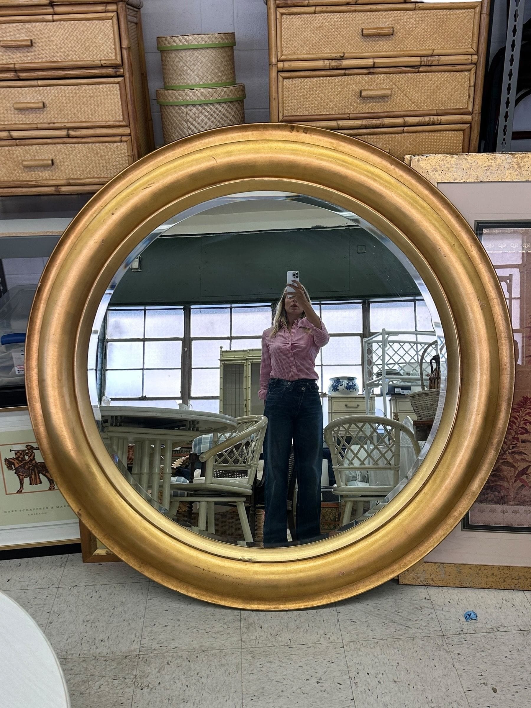 Large Round Hollywood Regency Mid 20th Century 60” Gilded Mirror | IdleHour