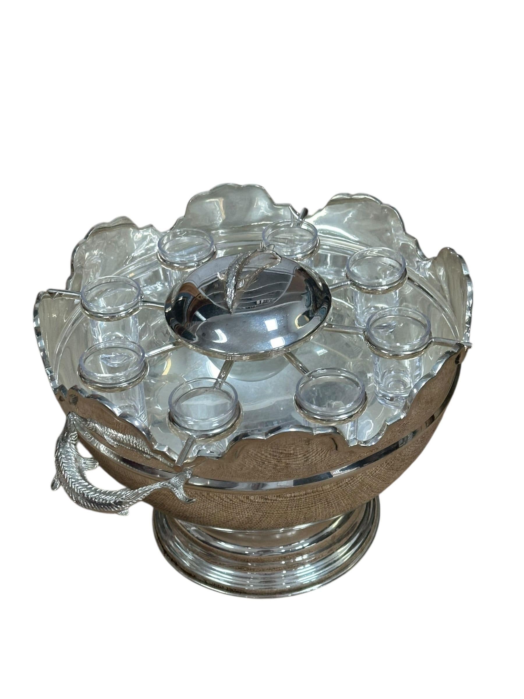 Vintage Silverplate and Glass Caviar and Vodka Montheith Bowl Server with Sturgeon Relief Handles and Lid | IdleHour
