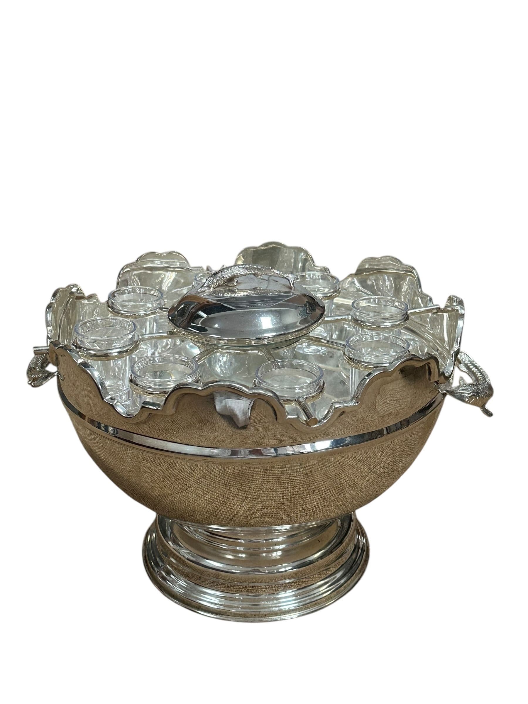 Vintage Silverplate and Glass Caviar and Vodka Montheith Bowl Server with Sturgeon Relief Handles and Lid | IdleHour