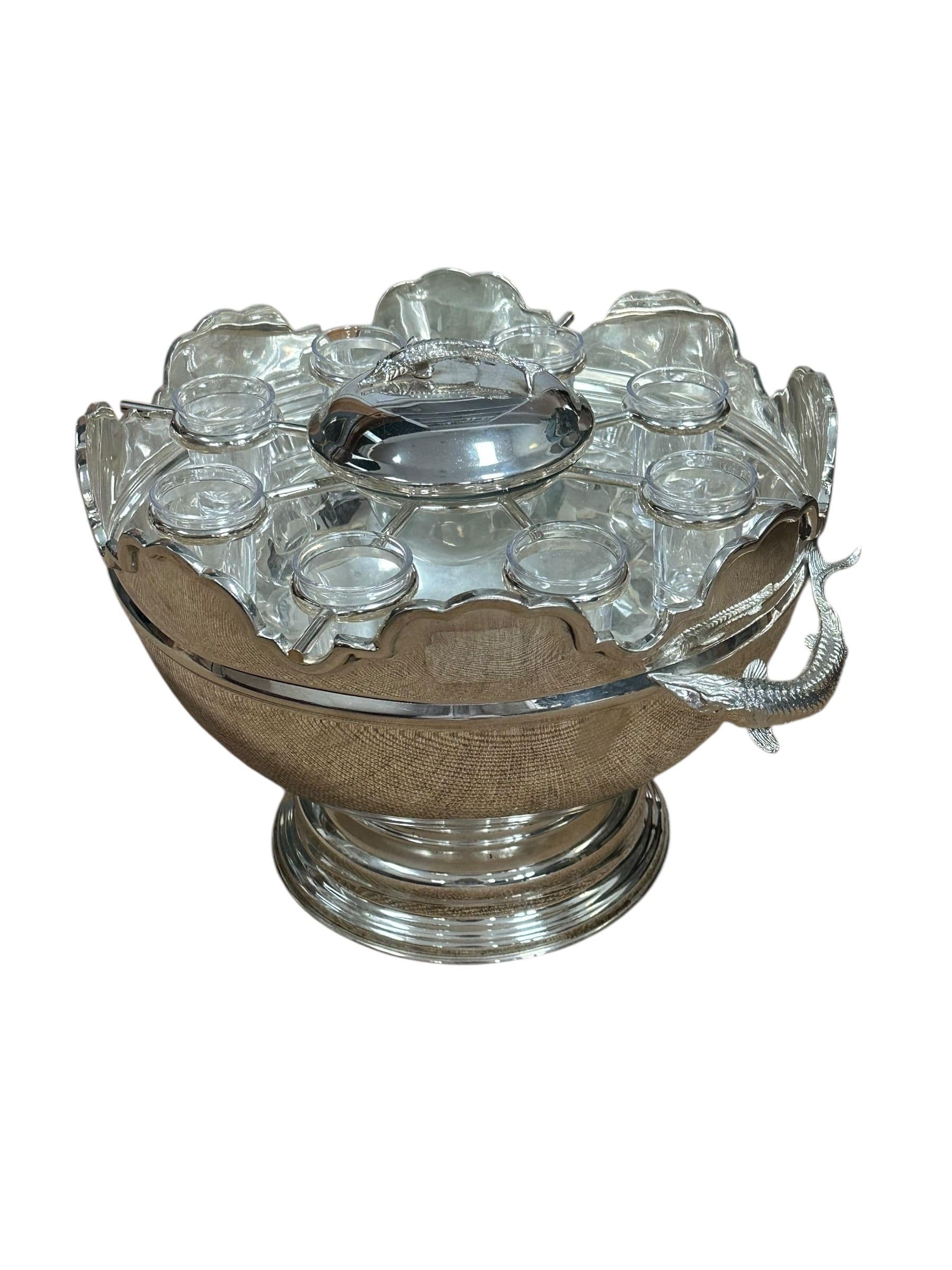 Vintage Silverplate and Glass Caviar and Vodka Montheith Bowl Server with Sturgeon Relief Handles and Lid | IdleHour