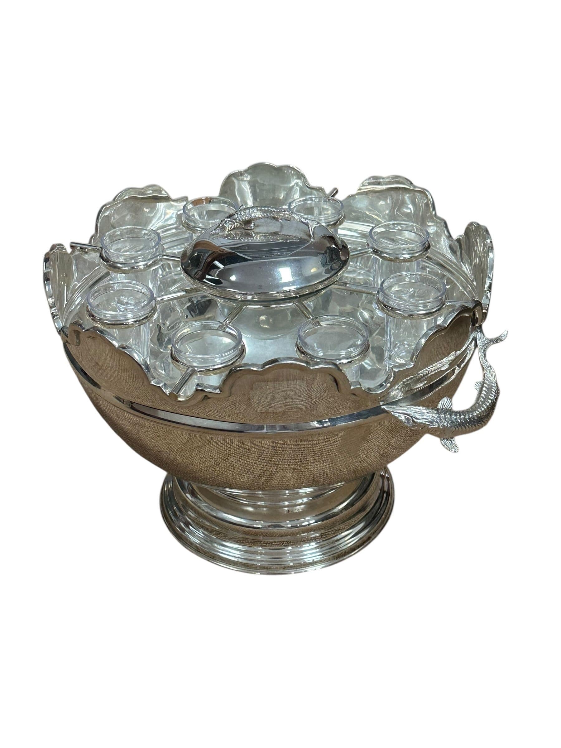 Vintage Silverplate and Glass Caviar and Vodka Montheith Bowl Server with Sturgeon Relief Handles and Lid | IdleHour