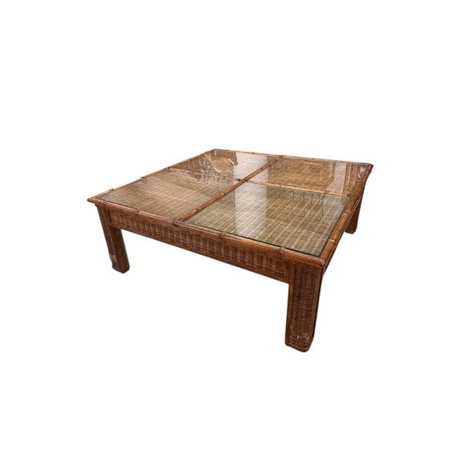 1970s Mid-Century Bamboo and Rattan Four Panel Coffee Table With Glass | IdleHour