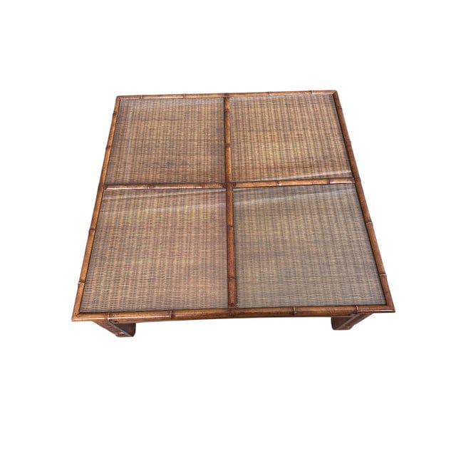 1970s Mid-Century Bamboo and Rattan Four Panel Coffee Table With Glass | IdleHour