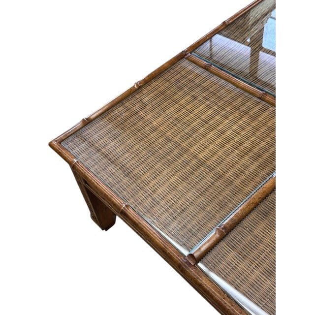 1970s Mid-Century Bamboo and Rattan Four Panel Coffee Table With Glass | IdleHour