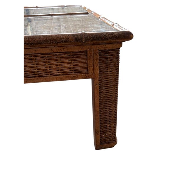 1970s Mid-Century Bamboo and Rattan Four Panel Coffee Table With Glass | IdleHour