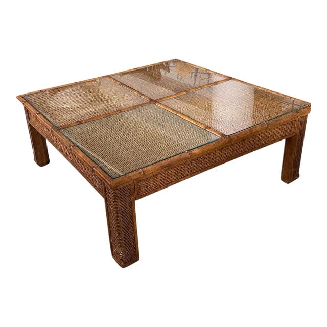 1970s Mid-Century Bamboo and Rattan Four Panel Coffee Table With Glass | IdleHour