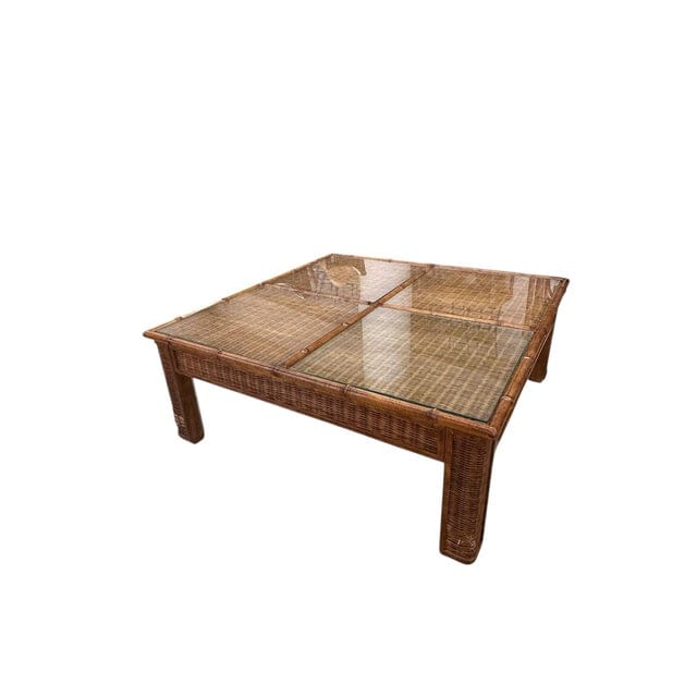 1970s Mid-Century Bamboo and Rattan Four Panel Coffee Table With Glass | IdleHour