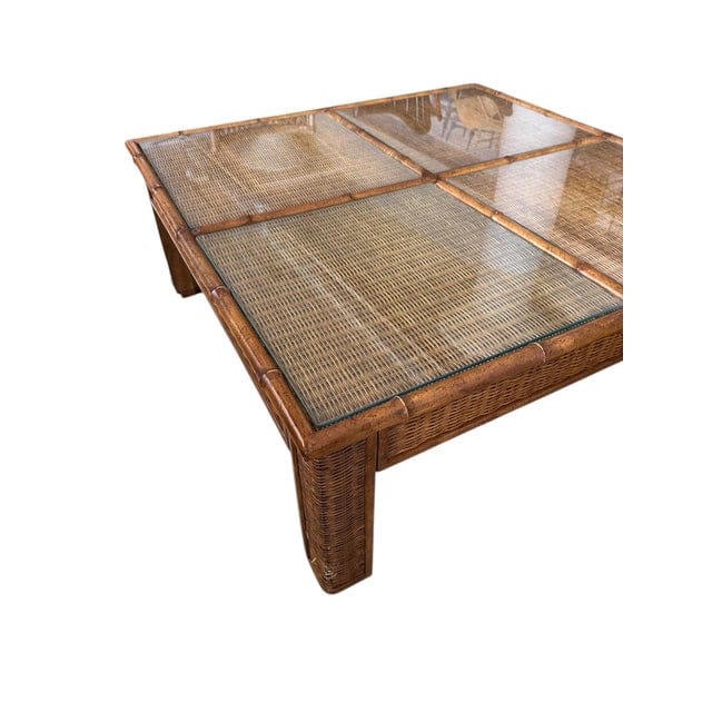 1970s Mid-Century Bamboo and Rattan Four Panel Coffee Table With Glass | IdleHour