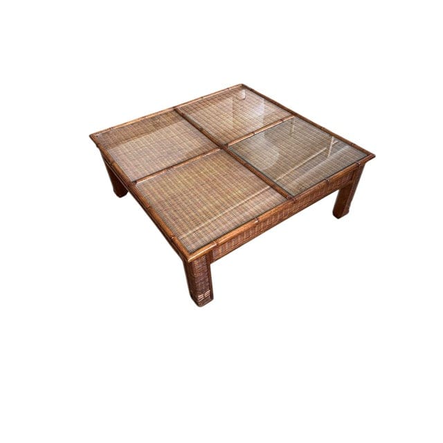 1970s Mid-Century Bamboo and Rattan Four Panel Coffee Table With Glass | IdleHour