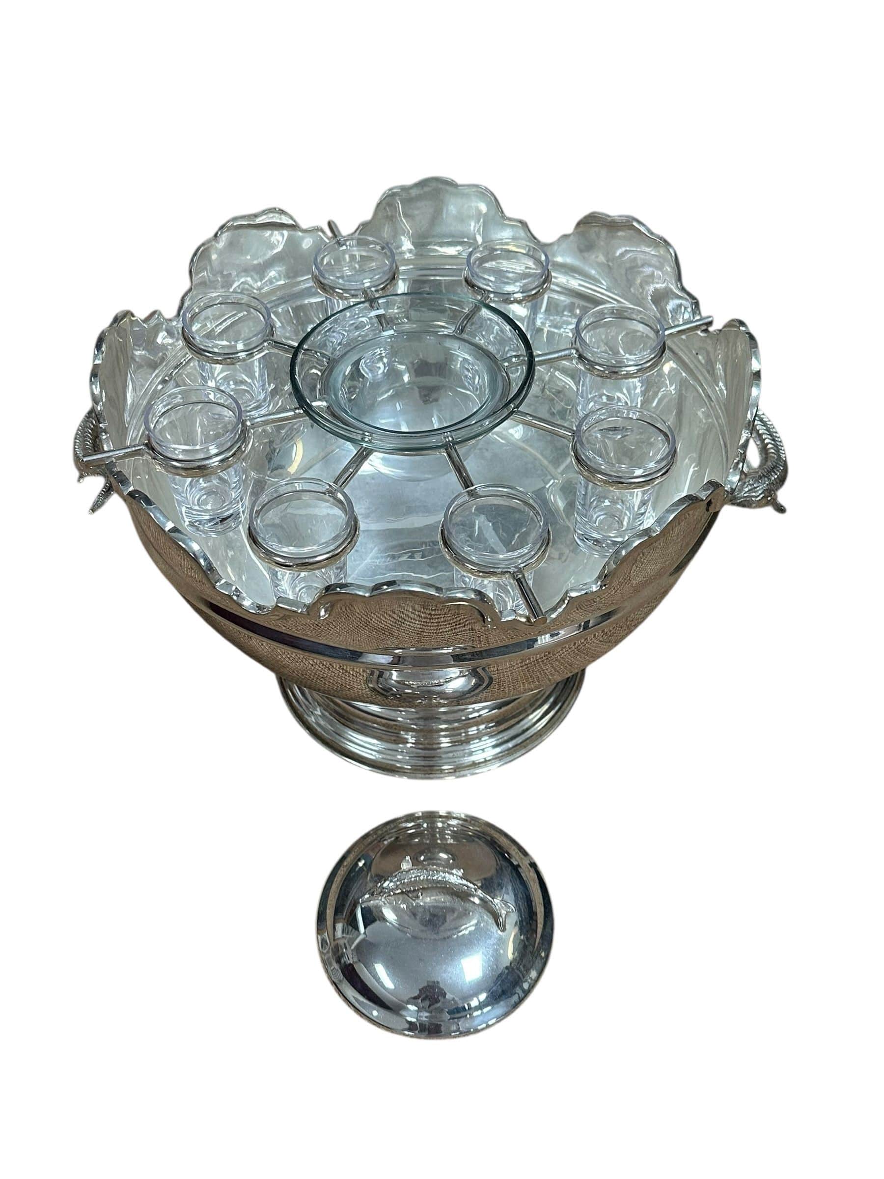 Vintage Silverplate and Glass Caviar and Vodka Montheith Bowl Server with Sturgeon Relief Handles and Lid | IdleHour