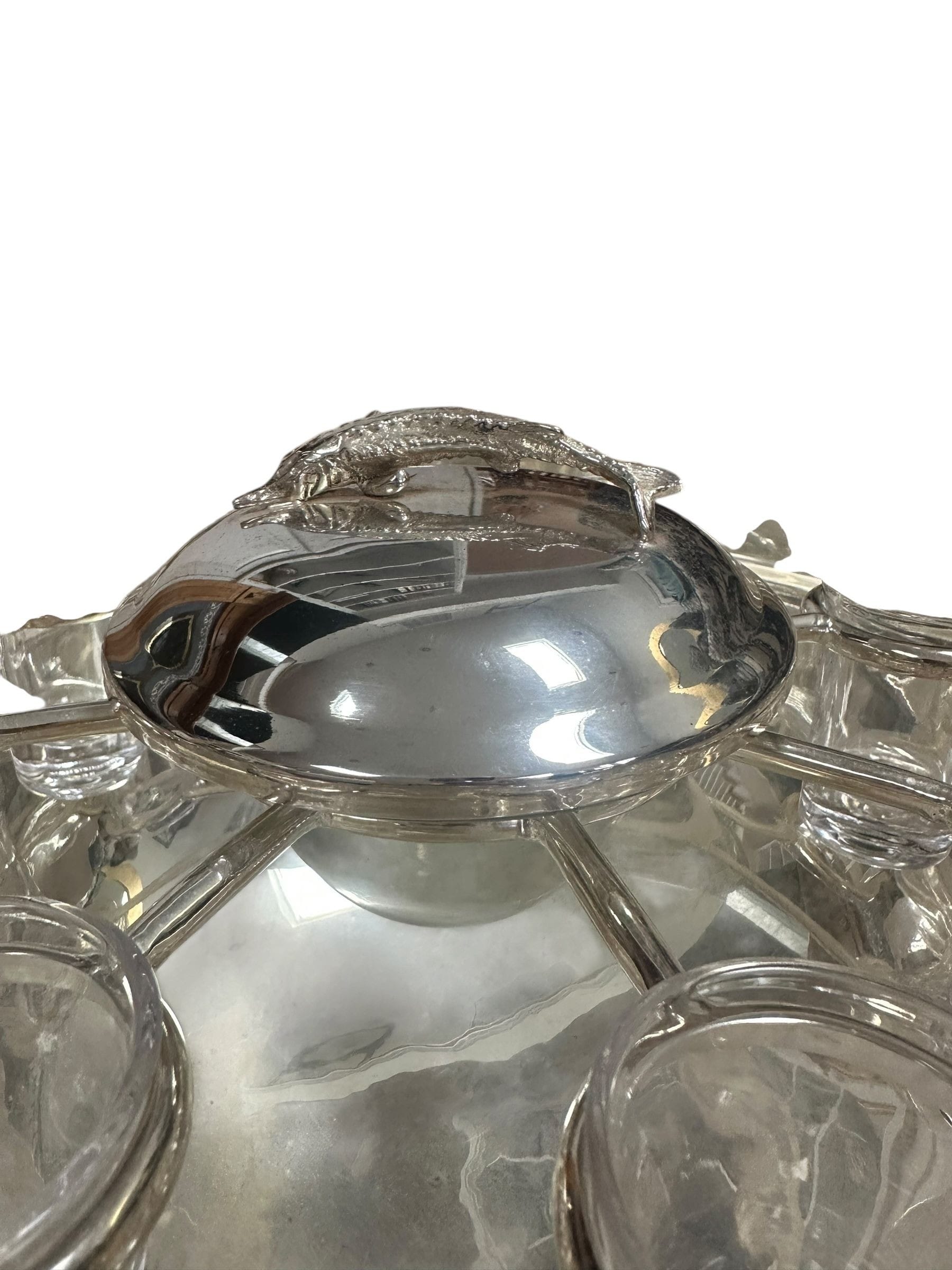 Vintage Silverplate and Glass Caviar and Vodka Montheith Bowl Server with Sturgeon Relief Handles and Lid | IdleHour