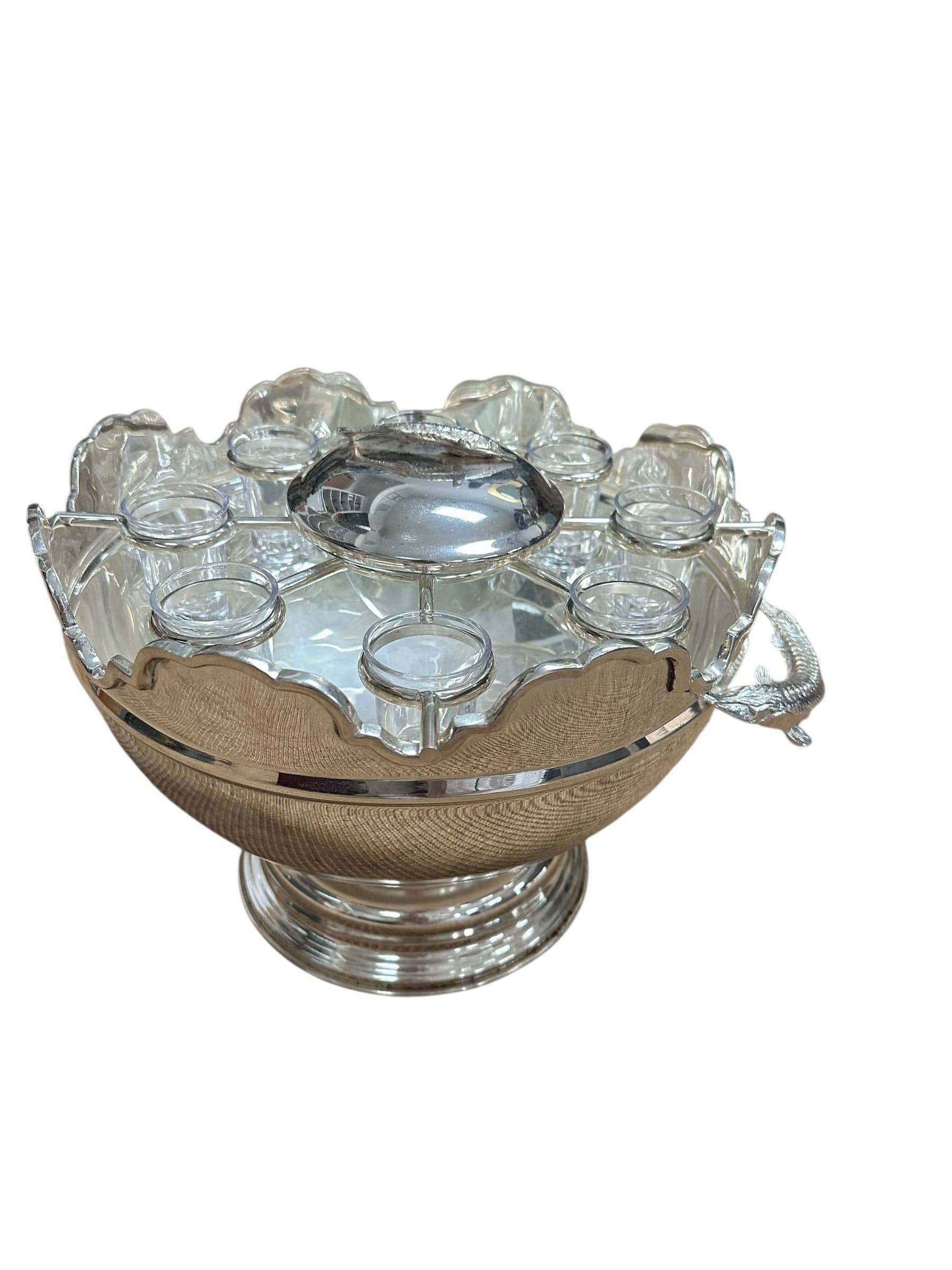 Vintage Silverplate and Glass Caviar and Vodka Montheith Bowl Server with Sturgeon Relief Handles and Lid | IdleHour