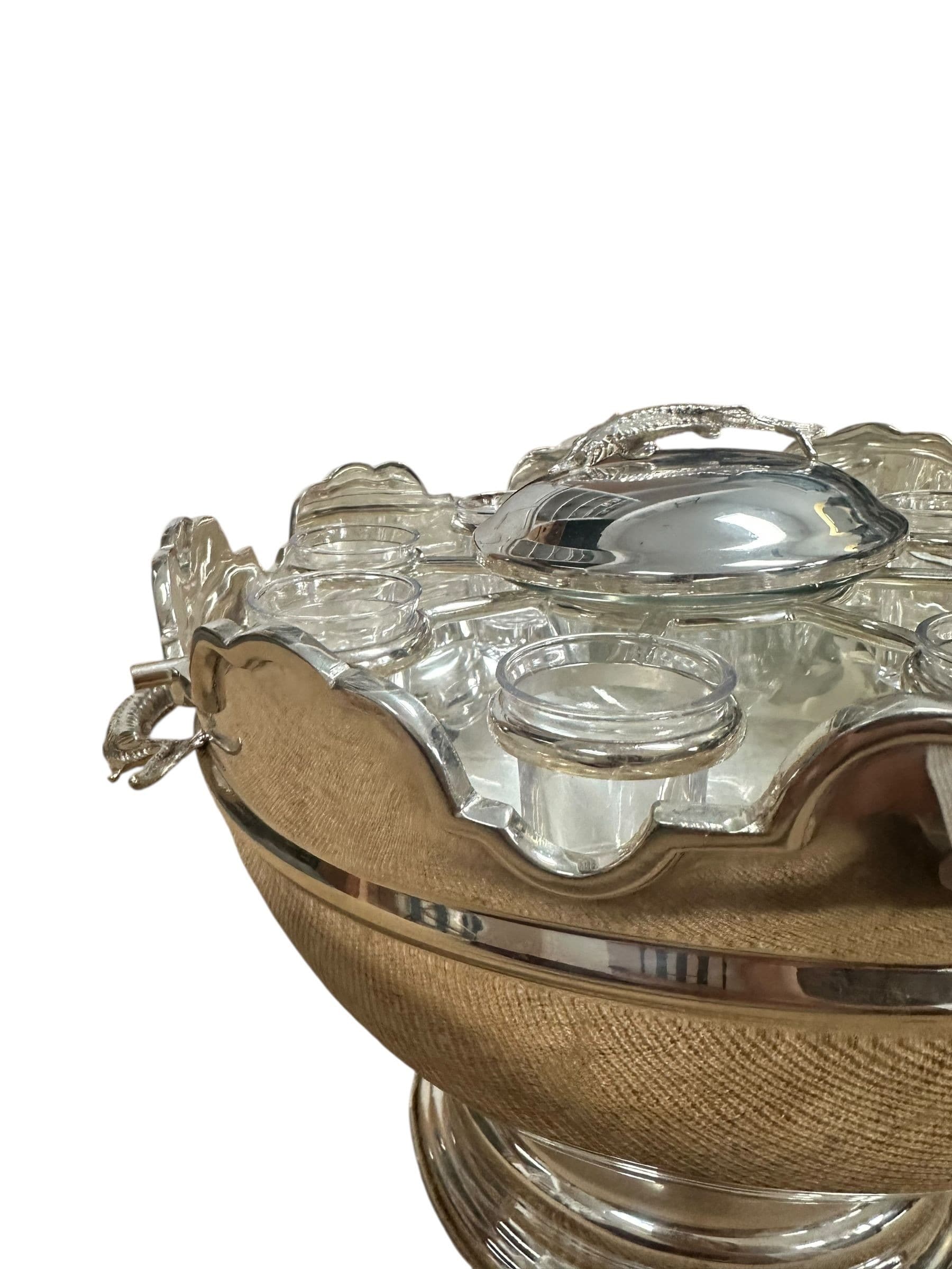 Vintage Silverplate and Glass Caviar and Vodka Montheith Bowl Server with Sturgeon Relief Handles and Lid | IdleHour
