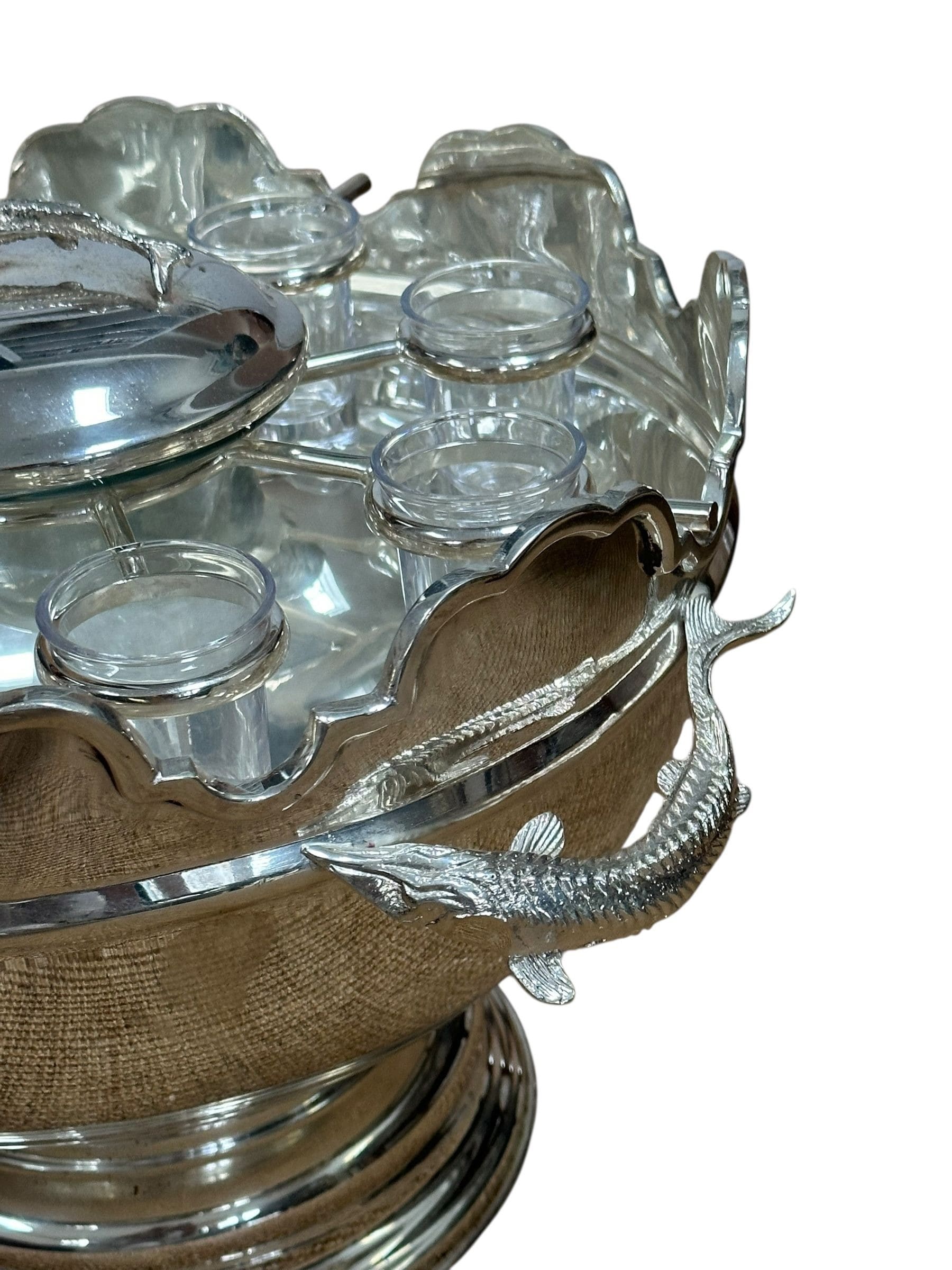 Vintage Silverplate and Glass Caviar and Vodka Montheith Bowl Server with Sturgeon Relief Handles and Lid | IdleHour