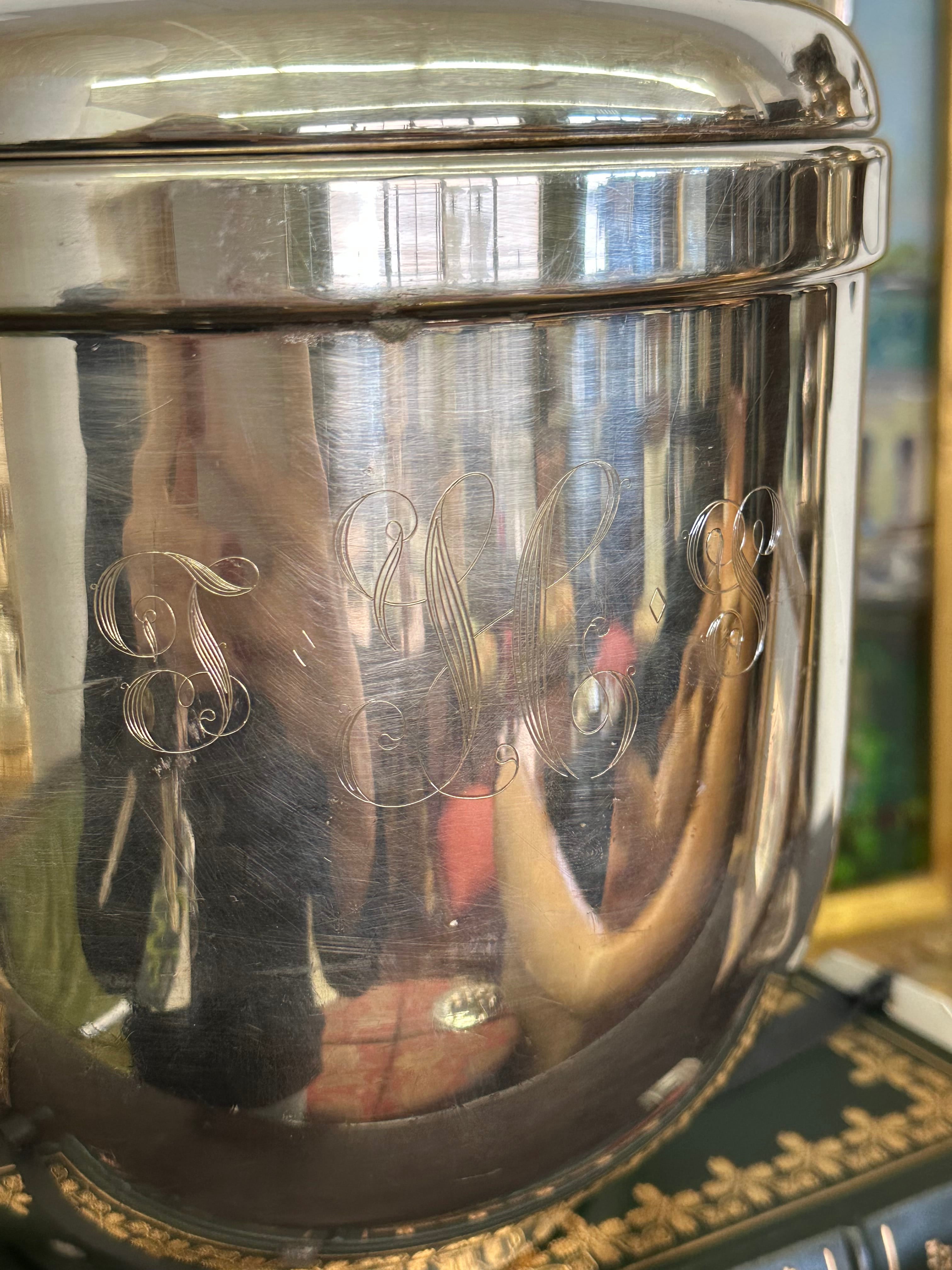 Monogrammed Susie Hilfiger Estate Vintage Sheffield Silver Plate Lidded Ice Bucket with Insert | IdleHour