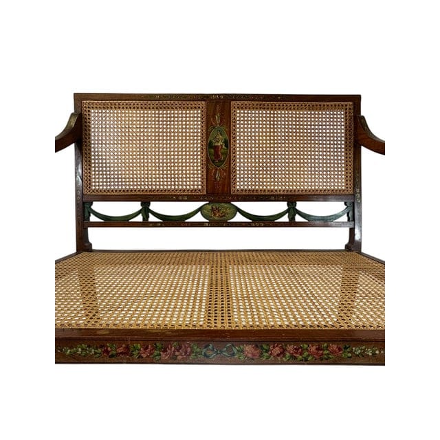 Antique Adam's Style Satinwood Hand-Painted Caned Bench | IdleHour
