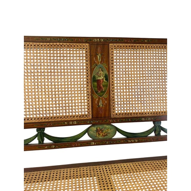 Antique Adam's Style Satinwood Hand-Painted Caned Bench | IdleHour