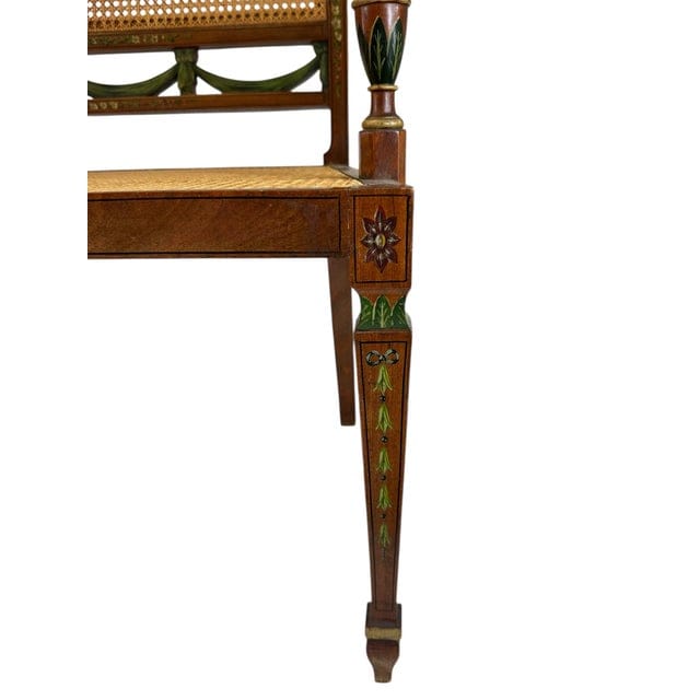 Antique Adam's Style Satinwood Hand-Painted Caned Bench | IdleHour