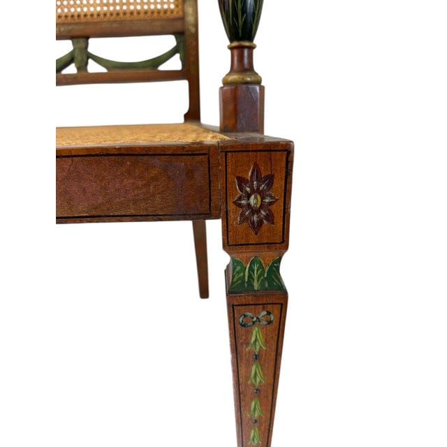 Antique Adam's Style Satinwood Hand-Painted Caned Bench | IdleHour