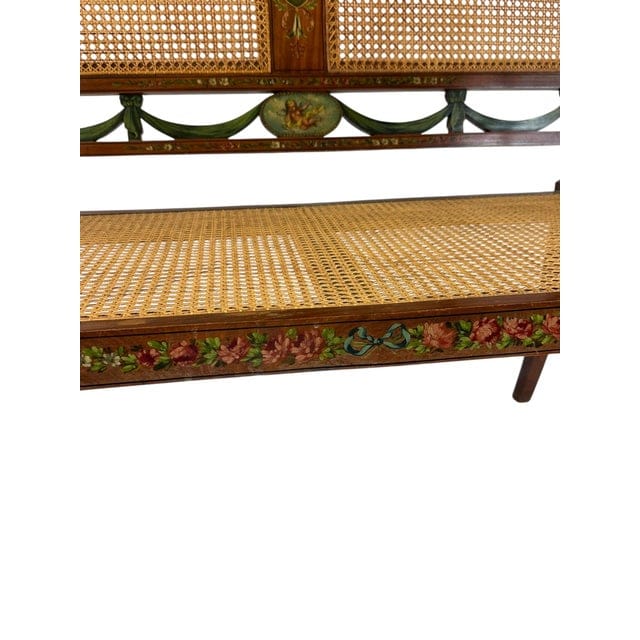 Antique Adam's Style Satinwood Hand-Painted Caned Bench | IdleHour