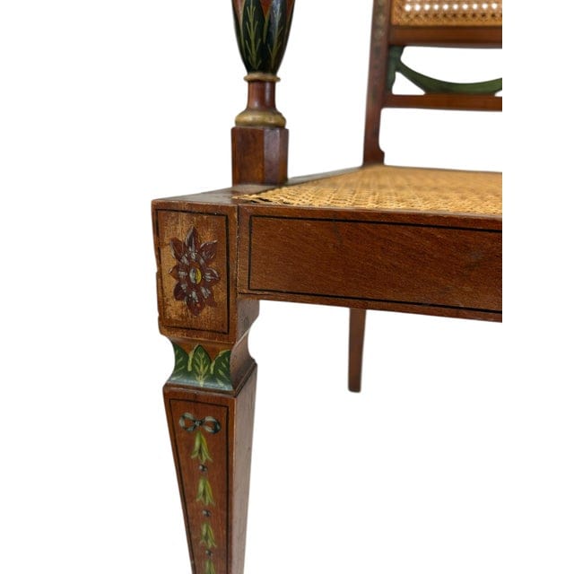 Antique Adam's Style Satinwood Hand-Painted Caned Bench | IdleHour