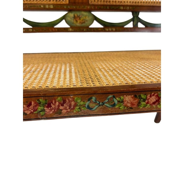 Antique Adam's Style Satinwood Hand-Painted Caned Bench | IdleHour