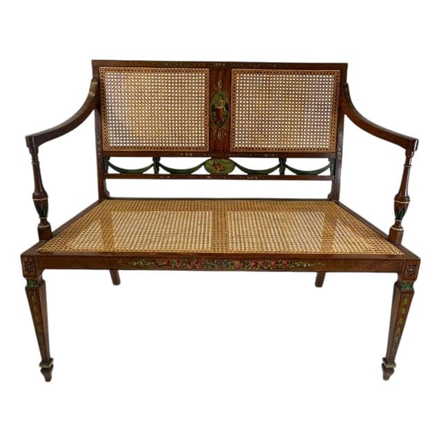Antique Adam's Style Satinwood Hand-Painted Caned Bench | IdleHour