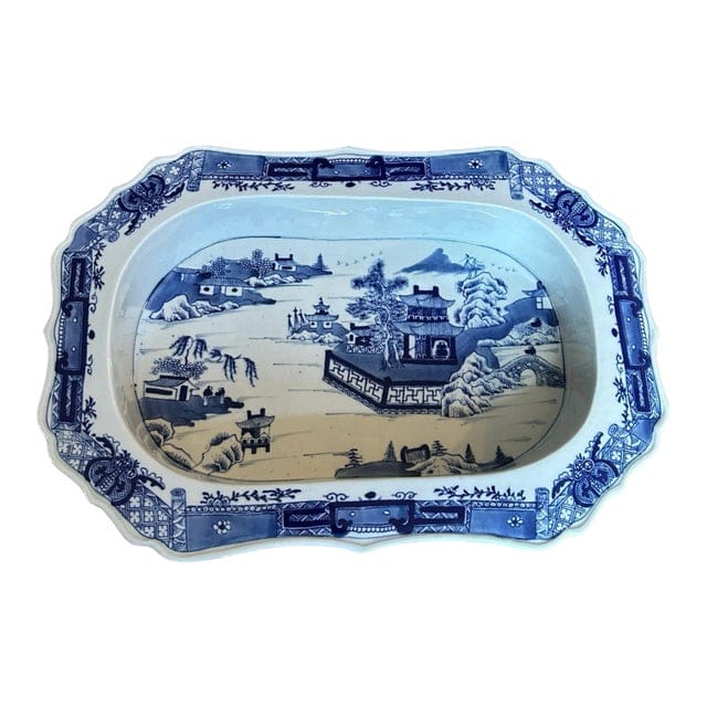 Antique Blue and White Chinoiserie Warming Dish With Pagoda Scenes | IdleHour