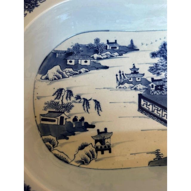 Antique Blue and White Chinoiserie Warming Dish With Pagoda Scenes | IdleHour