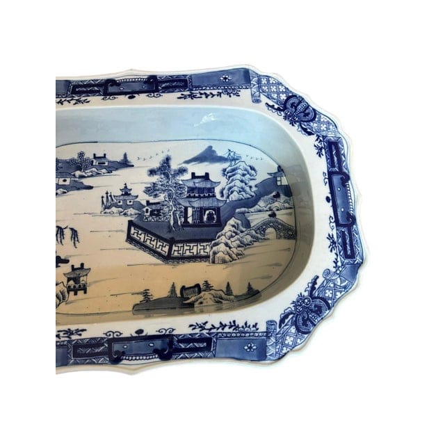 Antique Blue and White Chinoiserie Warming Dish With Pagoda Scenes | IdleHour
