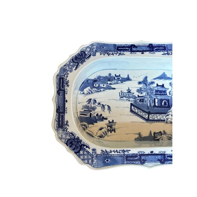 Antique Blue and White Chinoiserie Warming Dish With Pagoda Scenes | IdleHour