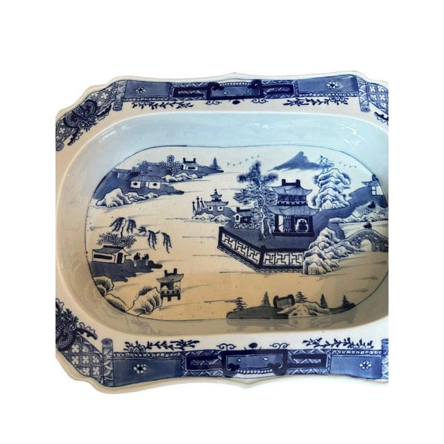 Antique Blue and White Chinoiserie Warming Dish With Pagoda Scenes | IdleHour