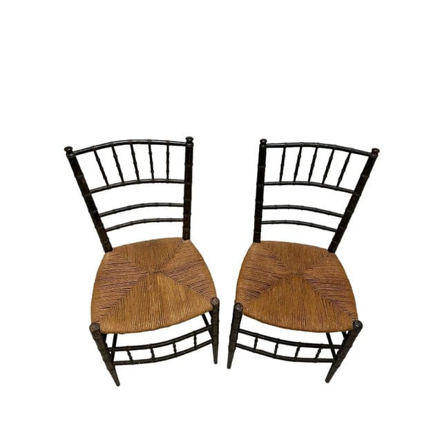 Antique Pair of Asian Petite Black Faux Bamboo Decorative Hand-Painted Gilded Chairs With Rush Seats | IdleHour