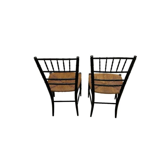 Antique Pair of Asian Petite Black Faux Bamboo Decorative Hand-Painted Gilded Chairs With Rush Seats | IdleHour
