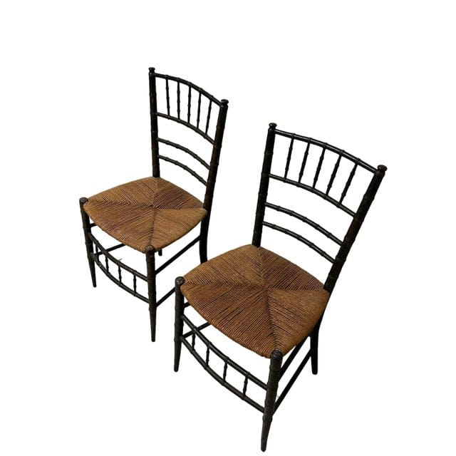 Antique Pair of Asian Petite Black Faux Bamboo Decorative Hand-Painted Gilded Chairs With Rush Seats | IdleHour
