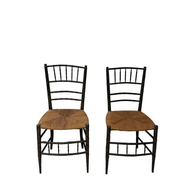 Antique Pair of Asian Petite Black Faux Bamboo Decorative Hand-Painted Gilded Chairs With Rush Seats | IdleHour