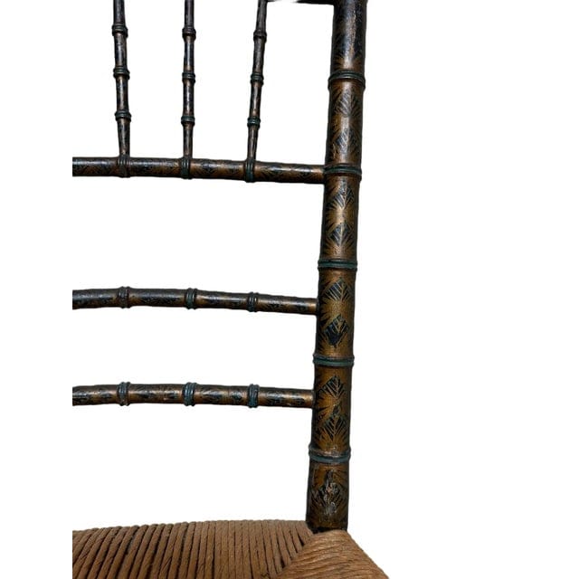 Antique Pair of Asian Petite Black Faux Bamboo Decorative Hand-Painted Gilded Chairs With Rush Seats | IdleHour