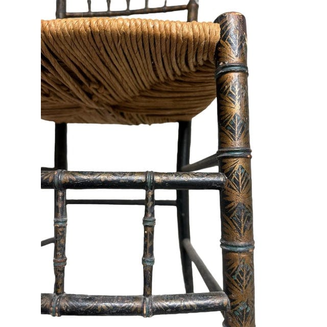 Antique Pair of Asian Petite Black Faux Bamboo Decorative Hand-Painted Gilded Chairs With Rush Seats | IdleHour