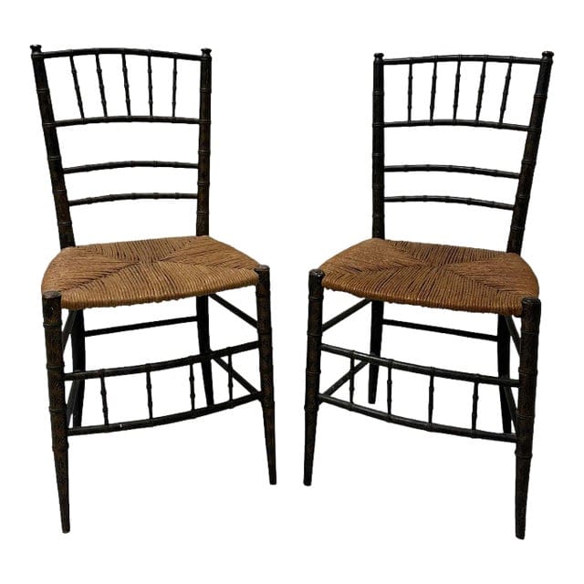 Antique Pair of Asian Petite Black Faux Bamboo Decorative Hand-Painted Gilded Chairs With Rush Seats | IdleHour