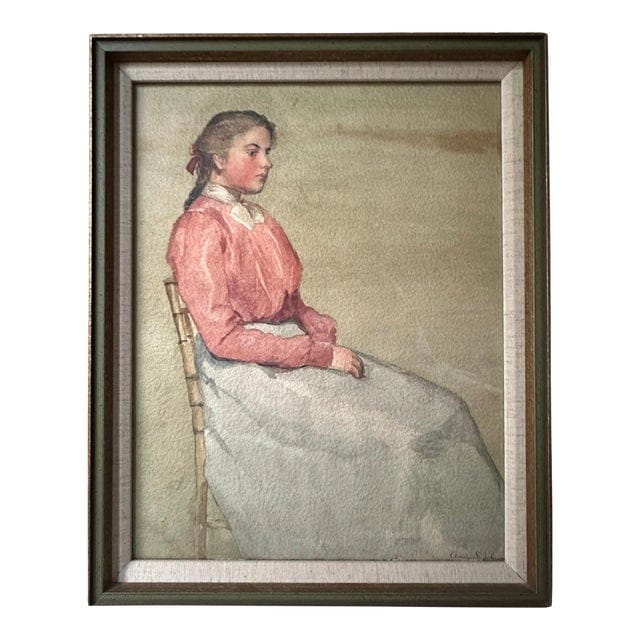 Antique Watercolor Painting, Portrait of Sitting Woman by Annie S. Johnson, Framed | IdleHour