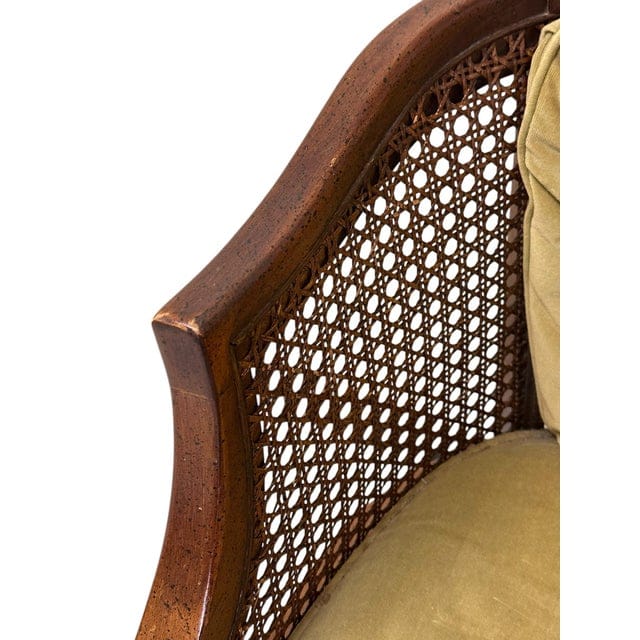 Early 20th Century Caned Barrel Back Chair With Chartreuse Velvet Upholstery | IdleHour