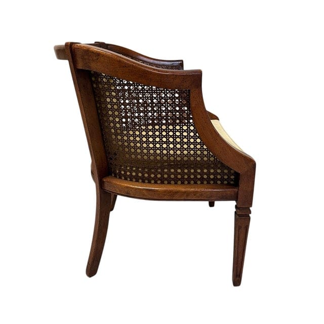 Early 20th Century Caned Barrel Back Chair With Chartreuse Velvet Upholstery | IdleHour