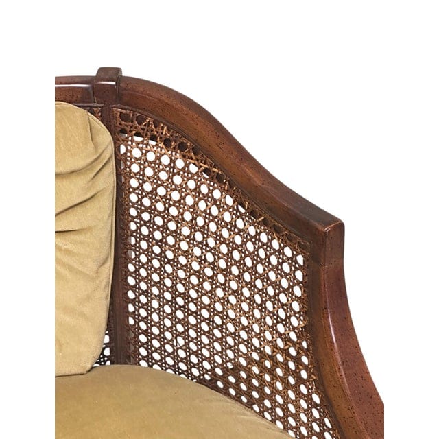 Early 20th Century Caned Barrel Back Chair With Chartreuse Velvet Upholstery | IdleHour