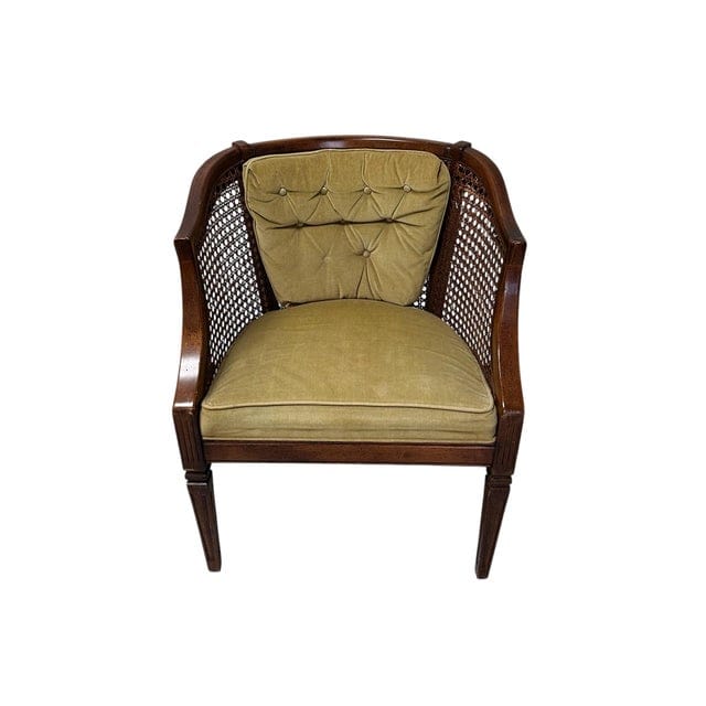 Early 20th Century Caned Barrel Back Chair With Chartreuse Velvet Upholstery | IdleHour