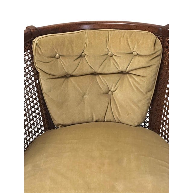 Early 20th Century Caned Barrel Back Chair With Chartreuse Velvet Upholstery | IdleHour