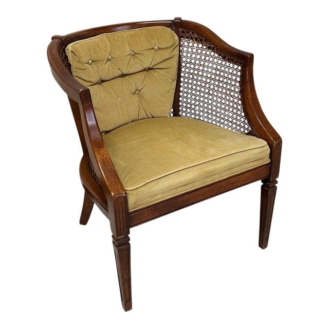 Early 20th Century Caned Barrel Back Chair With Chartreuse Velvet Upholstery | IdleHour