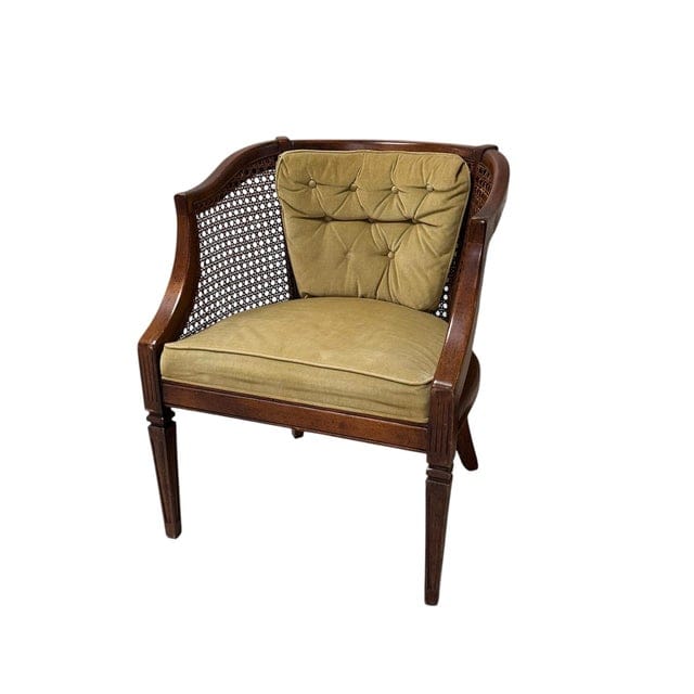 Early 20th Century Caned Barrel Back Chair With Chartreuse Velvet Upholstery | IdleHour