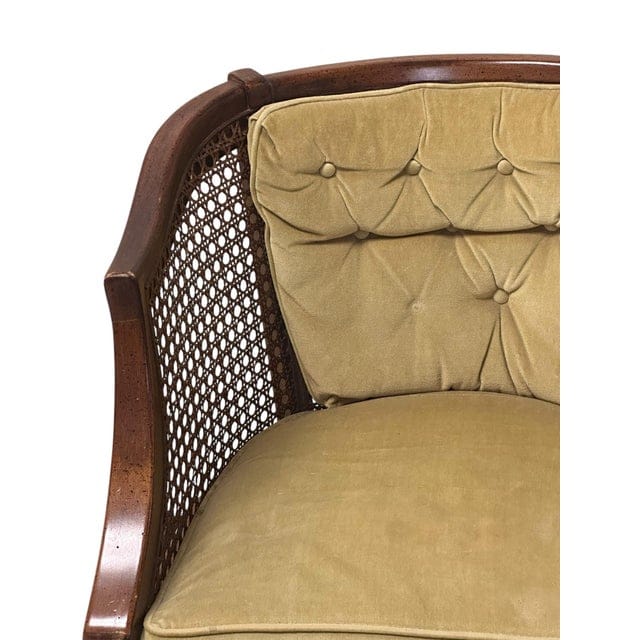 Early 20th Century Caned Barrel Back Chair With Chartreuse Velvet Upholstery | IdleHour