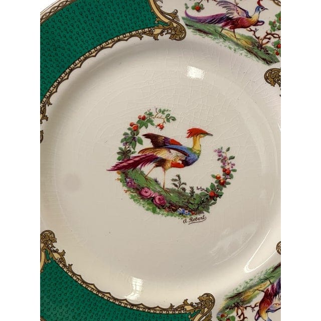 Early 20th Century Myott Staffordshire Green Chelsea Bird Dinner Plates- Set of 12 | IdleHour
