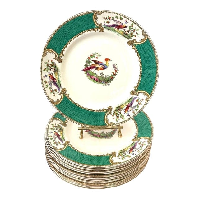 Early 20th Century Myott Staffordshire Green Chelsea Bird Dinner Plates- Set of 12 | IdleHour